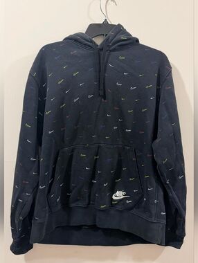 Y2K Nike All Over Print Swoosh Logo Hoodie Black Pullover Sweatshirt Mens Fits